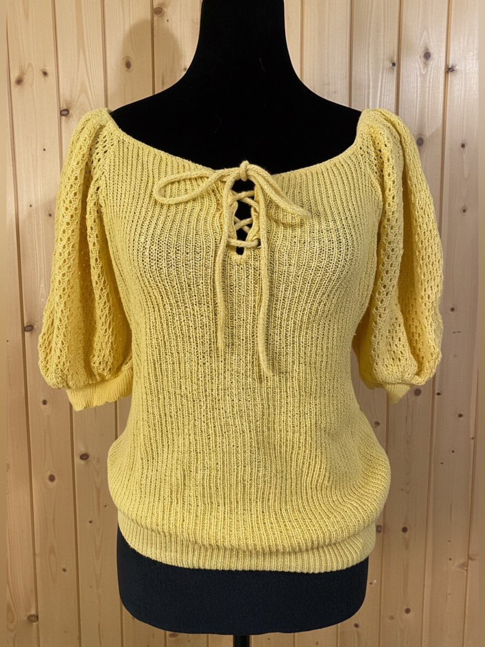 Vintage Yellow Lace-Up Knit Puff Sleeve Top